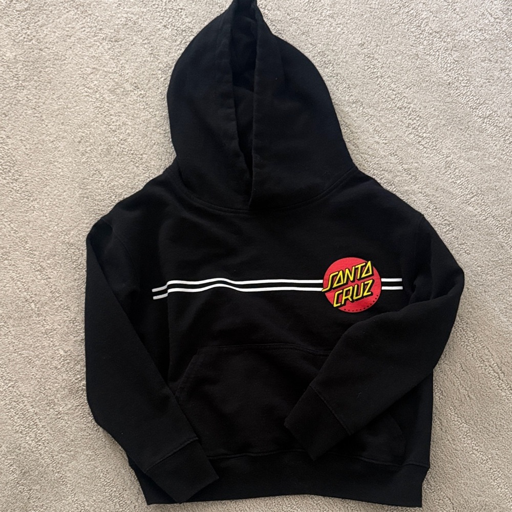 Santa Cruz Skateboards Black Hoodie with Red & Yellow Logo and White Stripes